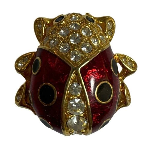 Vintage Jewelry - Vintage Red Ladybug Brooch Rhinestones Beetle Pin Insect
